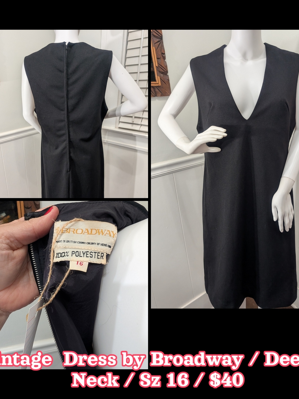 Vintage Black Deep V Sleeveless Dress - Size 16